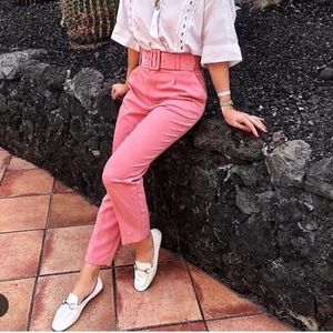 Zara Pink High Rise Pleated Belted Blogger Favorite Barbie Core Trousers Sz L